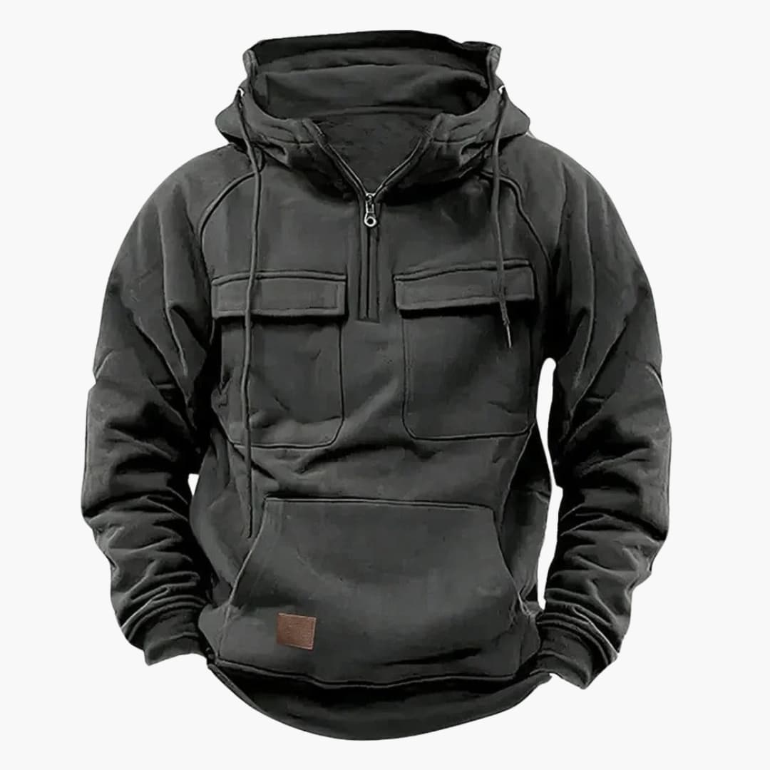 Stickad herr hoodie med halvdragkedja och bröstfickor. Casual tröja för komfortabelt vardagsmode.