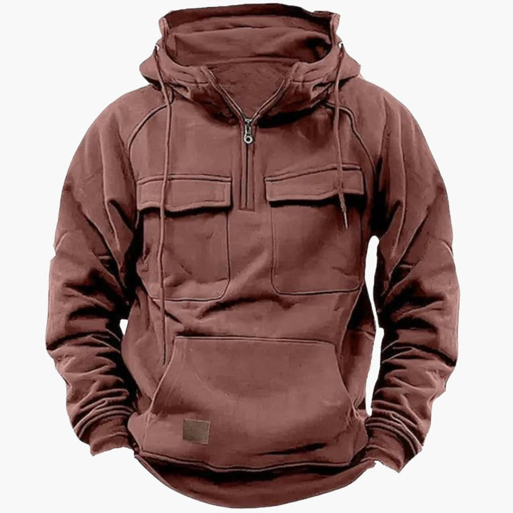 Komfortabel herr tröja, hoodie med halv dragkedja. Stickad design med bröstfickor för vardagsstil.