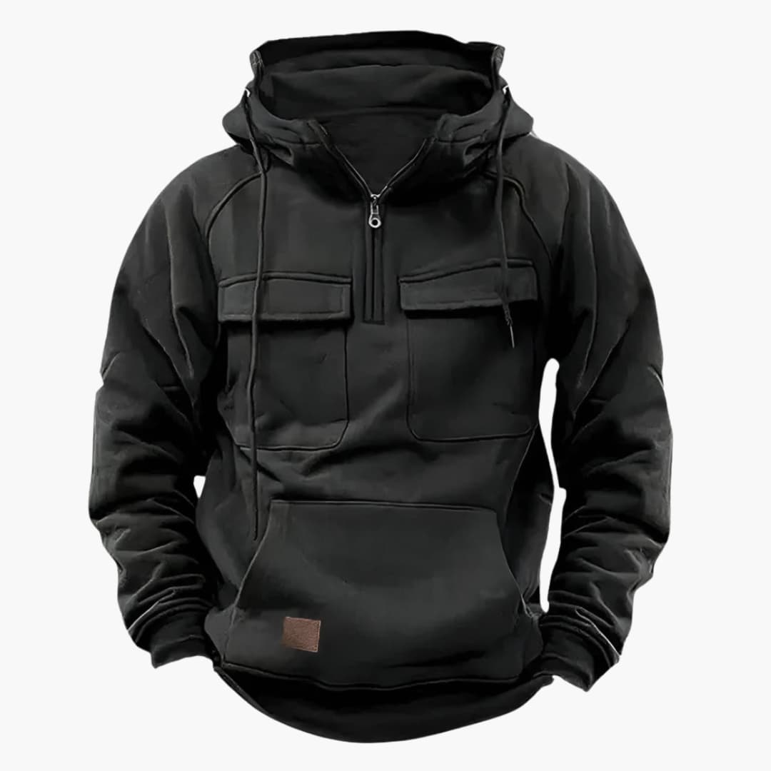 Herr huvtröja med funktionell halvdragkedja och bröstfickor. Stickad hoodie för en avslappnad casual look.
