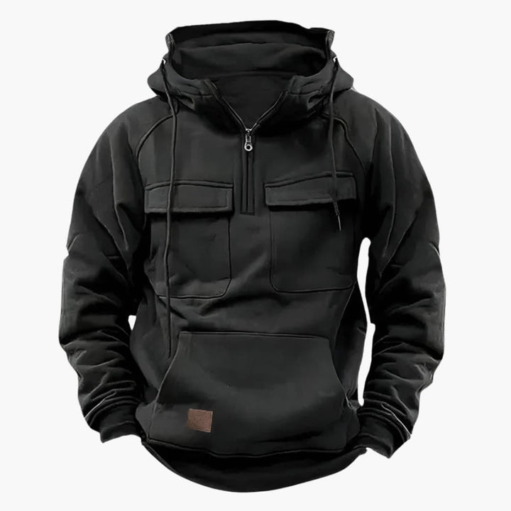 Herr huvtröja med funktionell halvdragkedja och bröstfickor. Stickad hoodie för en avslappnad casual look.