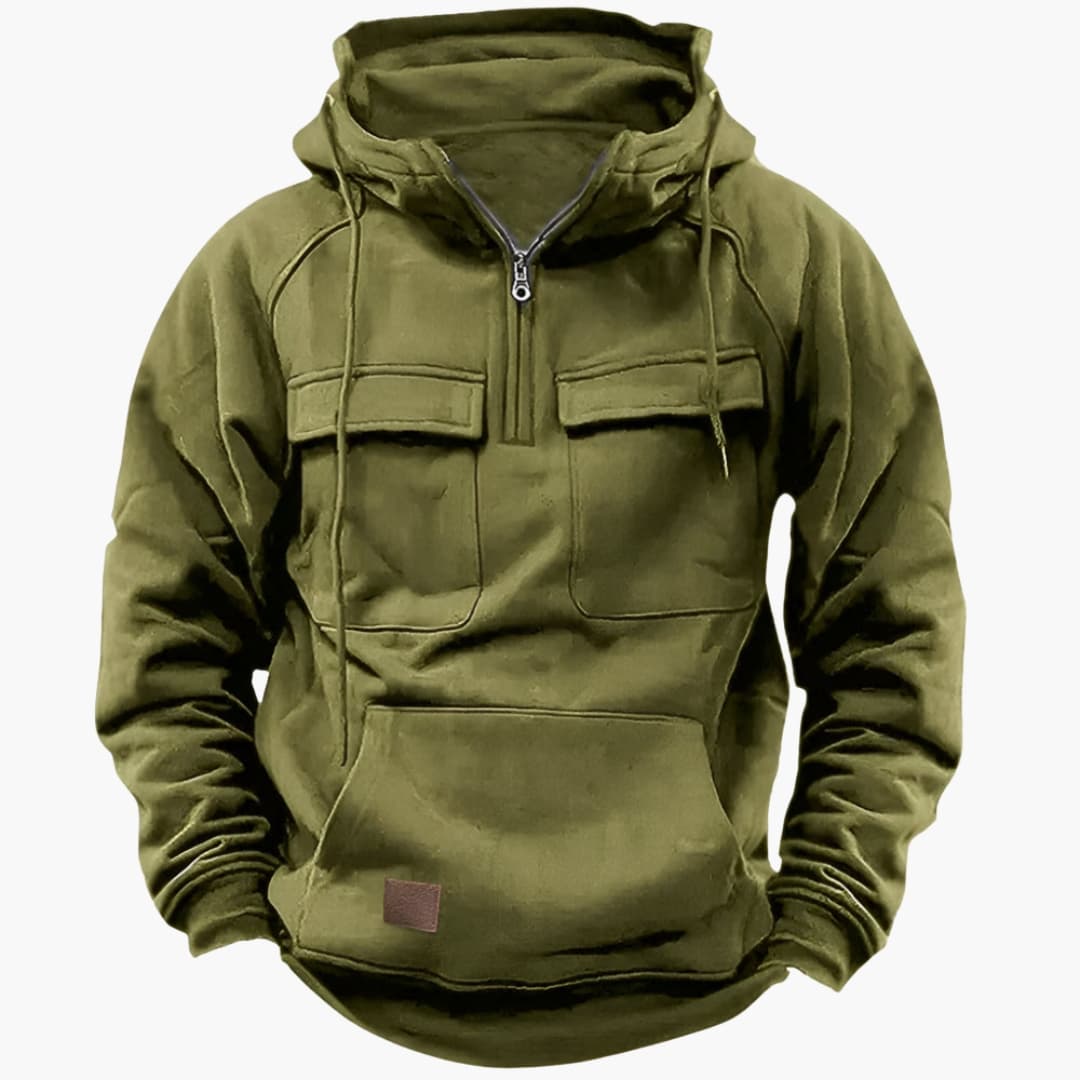 Stilren herr hoodie med halv dragkedja och dubbla bröstfickor. Perfekt för casual vardagsmode och komfort.