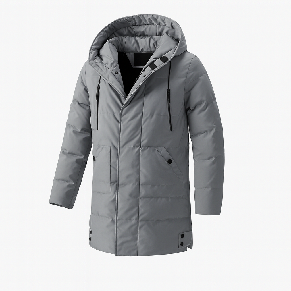 Modern herrparkas med huva i aktion. Snygg isolerad jacka för vinter och utomhus i kallt väder.