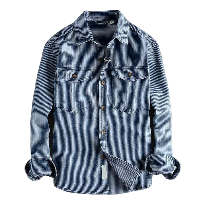 Herr jeansskjorta vintage stil, randig i blå och grön, avslappnad passform, långärmad.