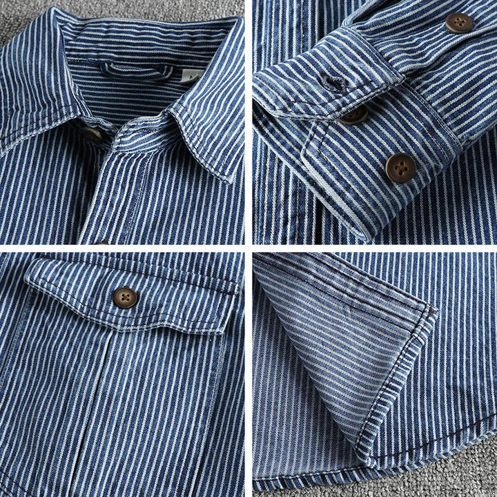 Herrskjorta i vintage jeansmaterial, randigt mönster i blåa och gröna nyanser, avslappnad stil.