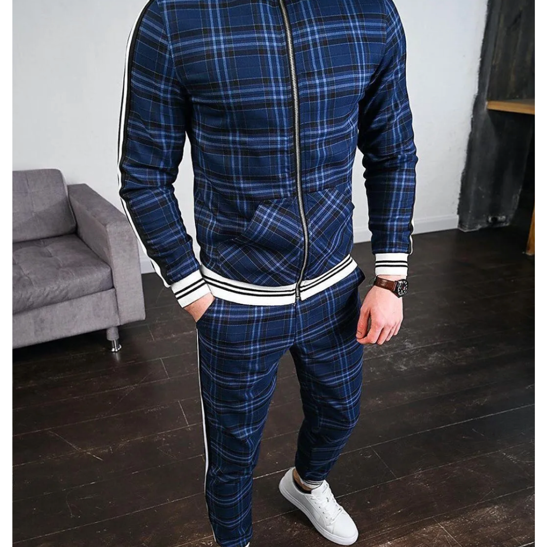 Bekväm herr träningsoverall i rutigt mönster, perfekt för gym, streetwear eller avkoppling.