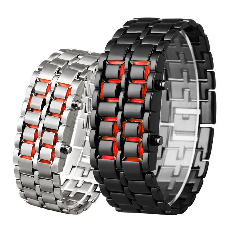 Herr LED Digital Armbandsur i rostfritt stål med urtavellös design och justerbart band, multifärgad LED-belysning.