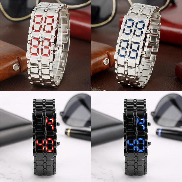 Herr LED Digital Armbandsur i rostfritt stål med urtavellös design och justerbart band, multifärgad LED-belysning.