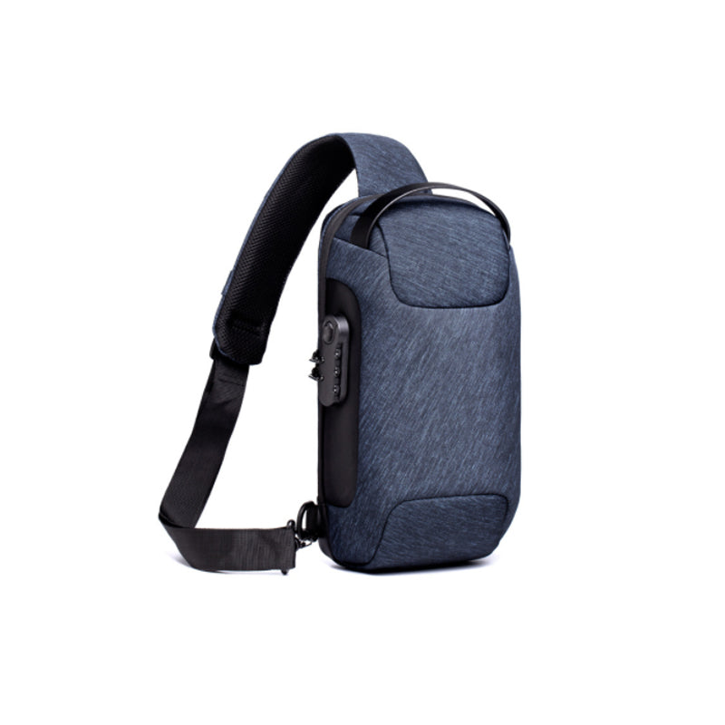 "Herr Motorcykel Bröstväska med USB-port, stöldskydd och multifickor i slitstarkt Oxford-tyg, perfekt för äventyr."