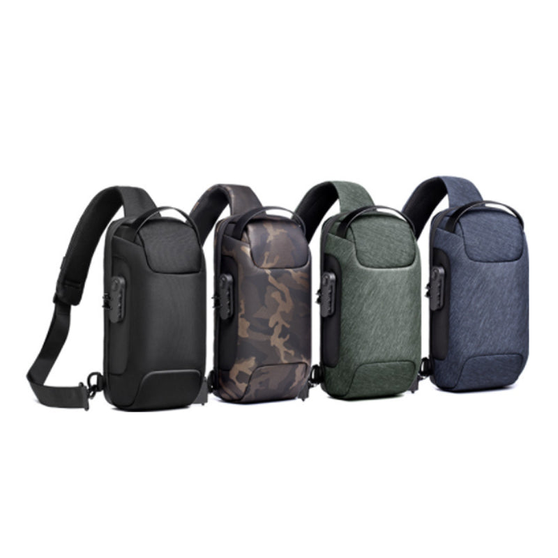 "Herr Motorcykel Bröstväska med USB-port, stöldskydd och multifickor i slitstarkt Oxford-tyg, perfekt för äventyr."