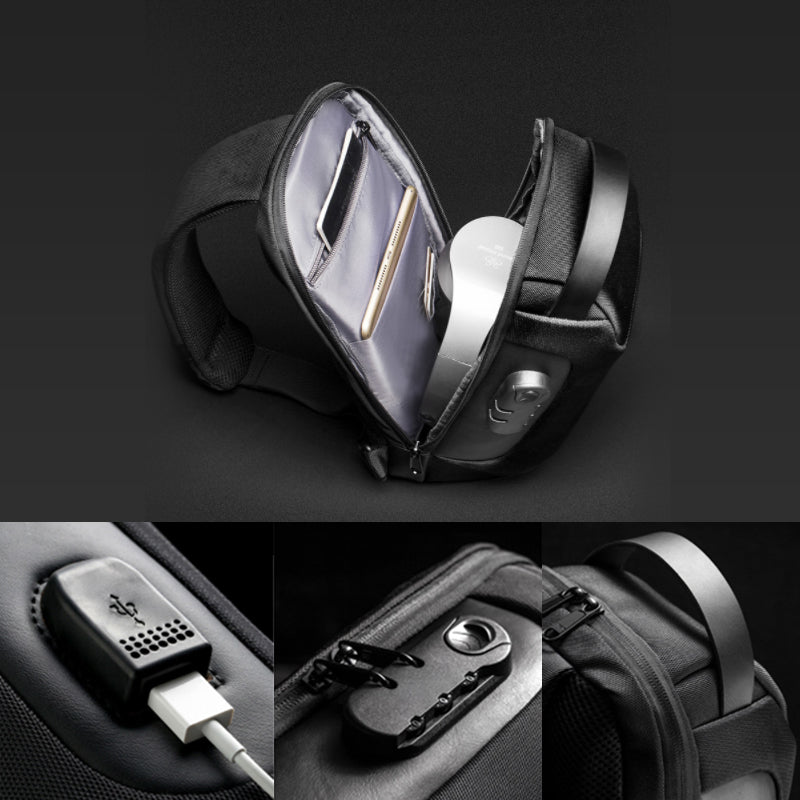 "Herr Motorcykel Bröstväska med USB-port, stöldskydd och multifickor i slitstarkt Oxford-tyg, perfekt för äventyr."