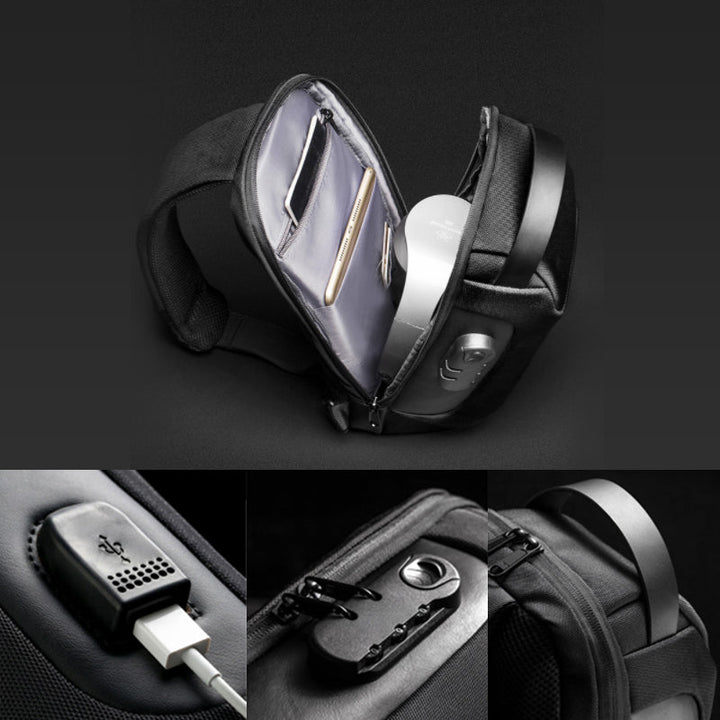 "Herr Motorcykel Bröstväska med USB-port, stöldskydd och multifickor i slitstarkt Oxford-tyg, perfekt för äventyr."