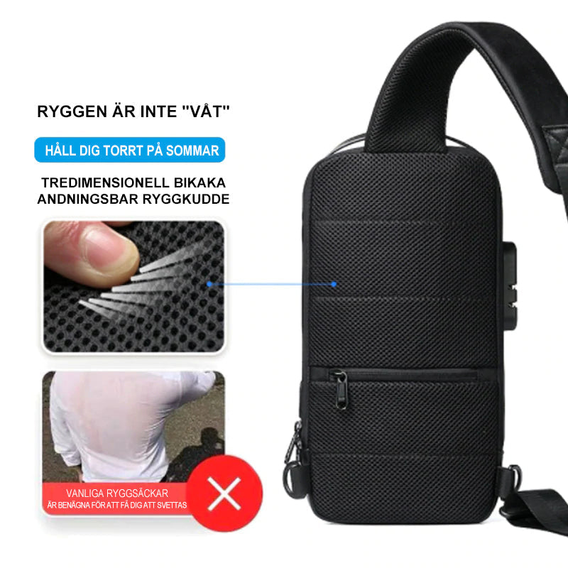 "Herr Motorcykel Bröstväska med USB-port, stöldskydd och multifickor i slitstarkt Oxford-tyg, perfekt för äventyr."