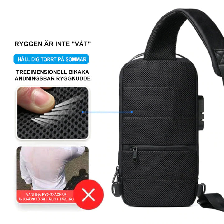 "Herr Motorcykel Bröstväska med USB-port, stöldskydd och multifickor i slitstarkt Oxford-tyg, perfekt för äventyr."