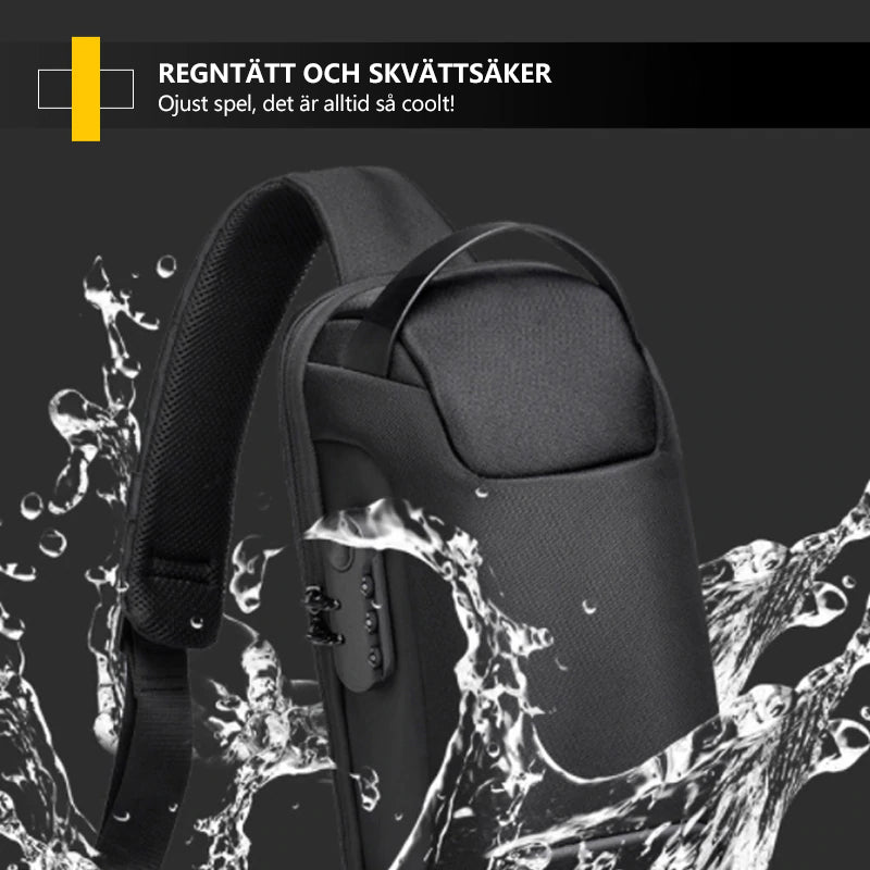 "Herr Motorcykel Bröstväska med USB-port, stöldskydd och multifickor i slitstarkt Oxford-tyg, perfekt för äventyr."