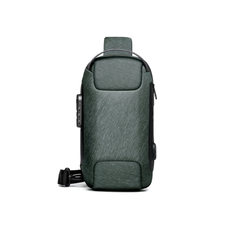 "Herr Motorcykel Bröstväska med USB-port, stöldskydd och multifickor i slitstarkt Oxford-tyg, perfekt för äventyr."