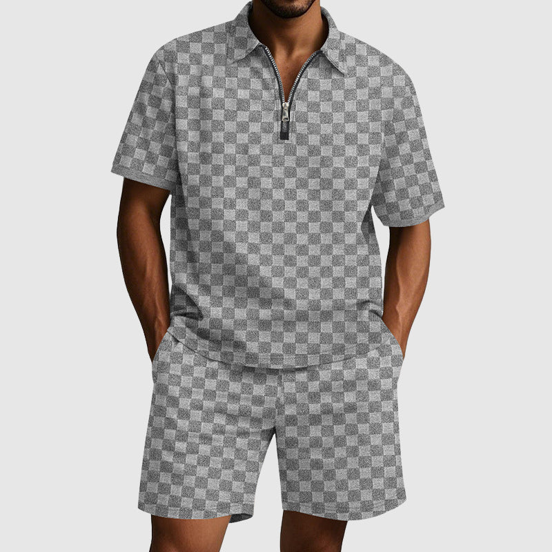 Pikétröja och shorts set för män i marinblått, idealiskt för fritidsbruk