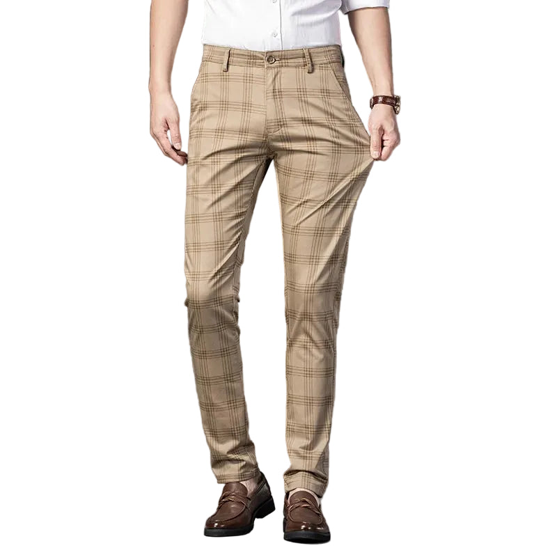 Herr plädbyxor med rak passform i grått och svart, perfekta för en casual men elegant look.