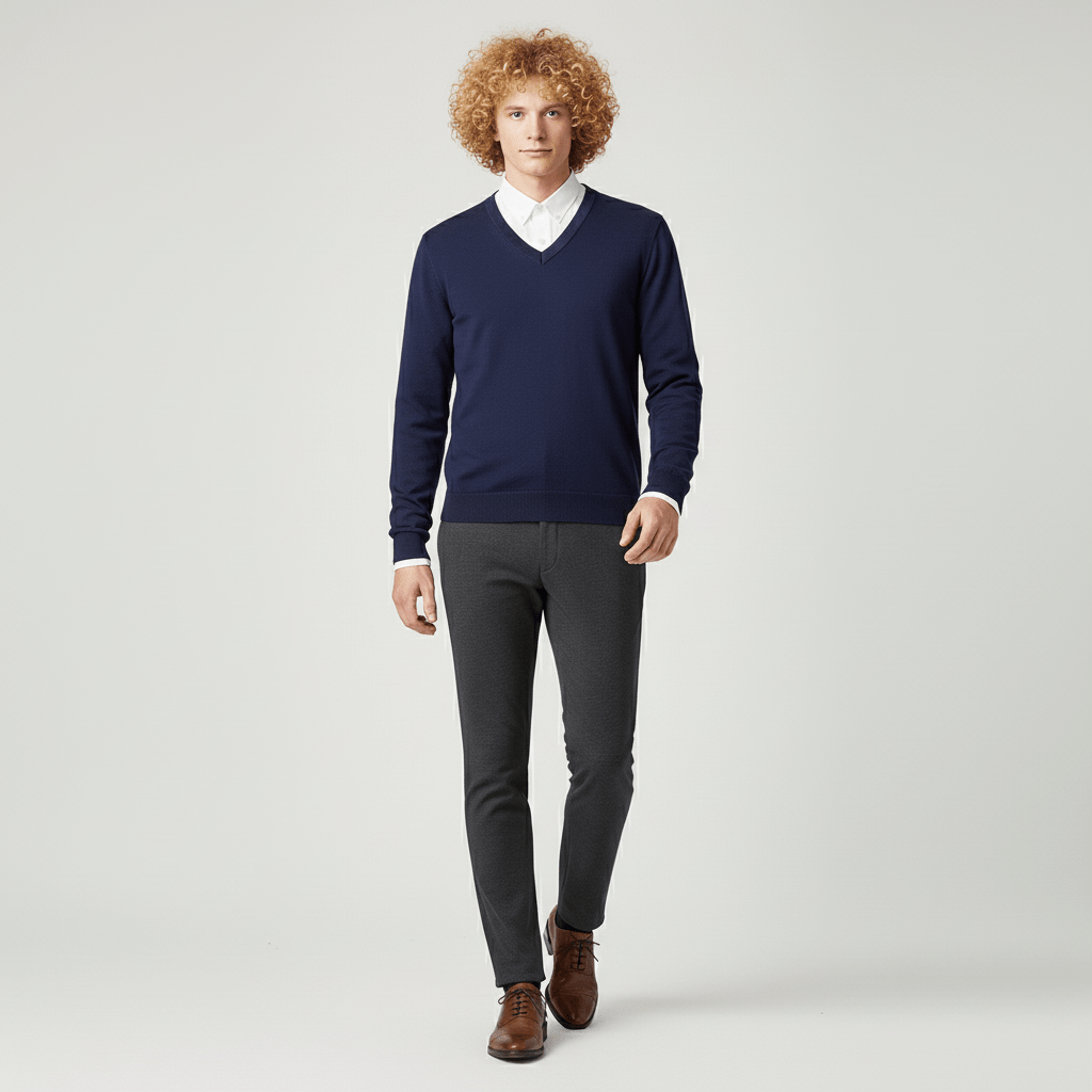 Modern slim-fit v-ringad herrtröja, elegant och mångsidig.