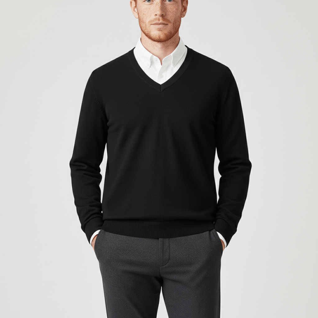Vardagslook med v-ringad slim-fit herrtröja, både bekväm och stilren.