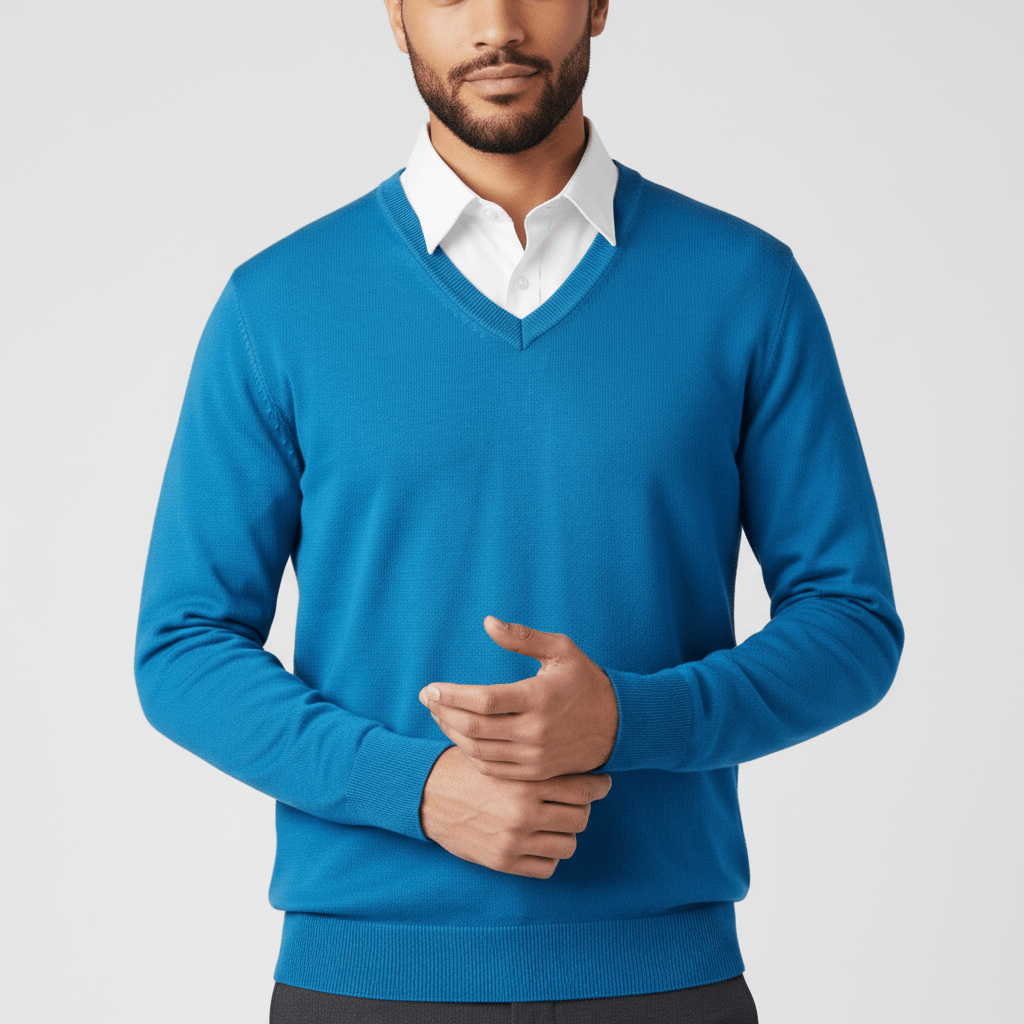 Elegant slim-fit v-ringad herrtröja, perfekt för en dressad men avslappnad stil.