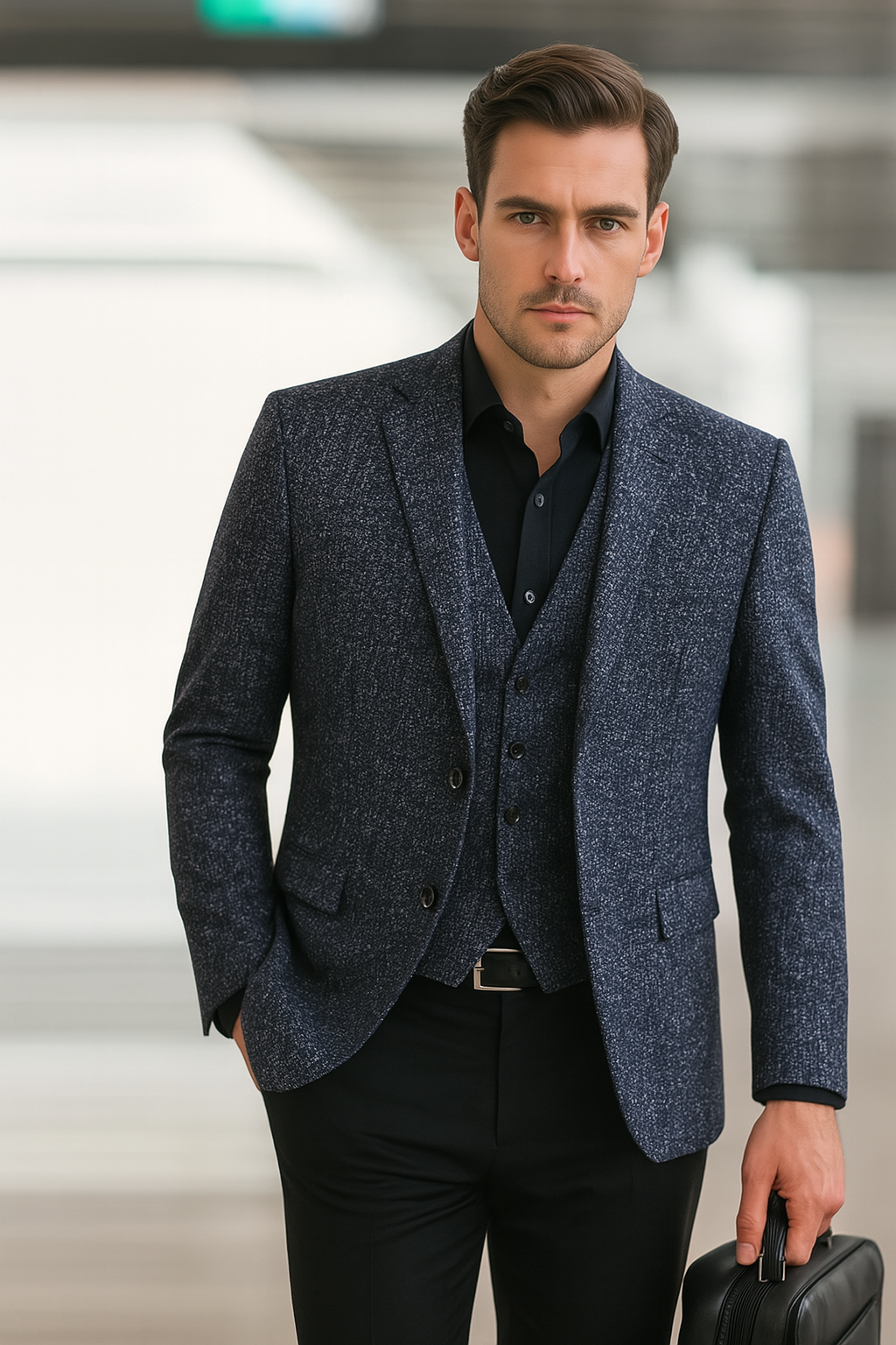 Grå herrblazer med slimfit passform, visar modern stil, lämplig för både affärer och avslappnad användning.