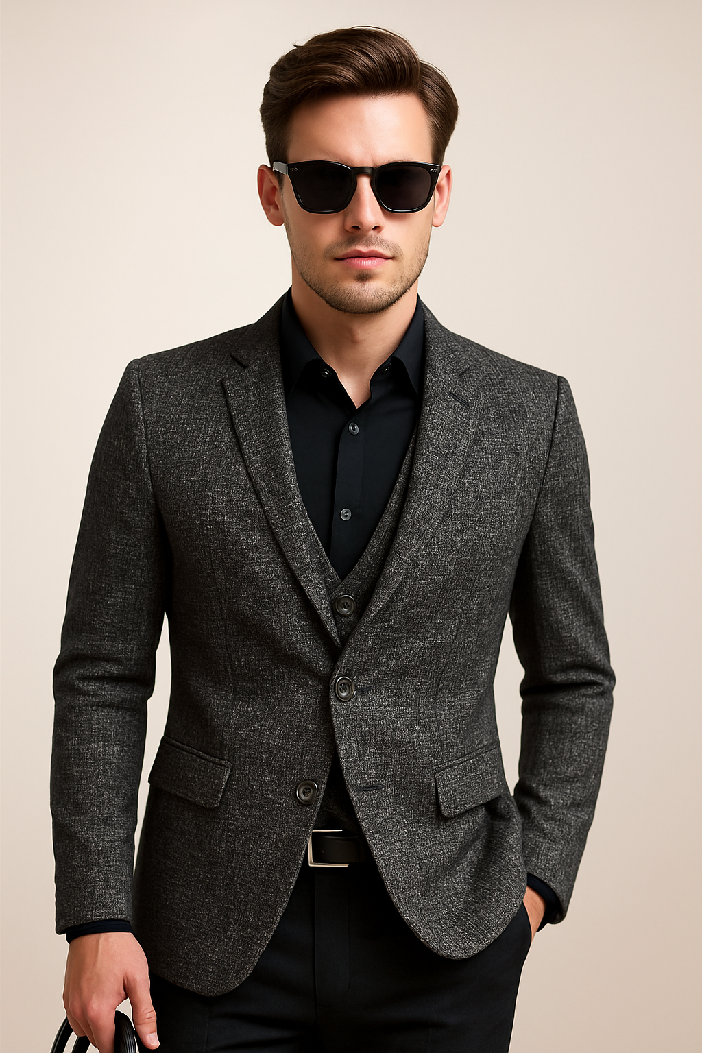 Detaljbild på en beige herrblazer i slimfit, framhäver mångsidig modern stil för vår- och sommarbruk.
