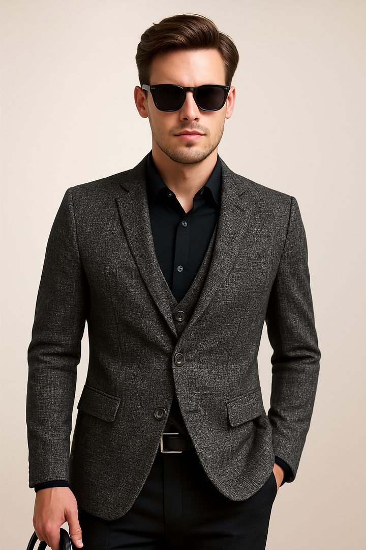Detaljbild på en beige herrblazer i slimfit, framhäver mångsidig modern stil för vår- och sommarbruk.