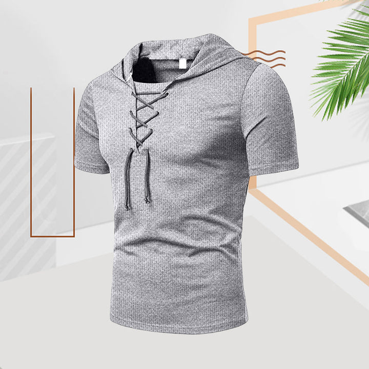 "Herr sommar t-shirt med dragsko, kortärmad, enfärgad polyester för avslappnad stil i varmt väder"