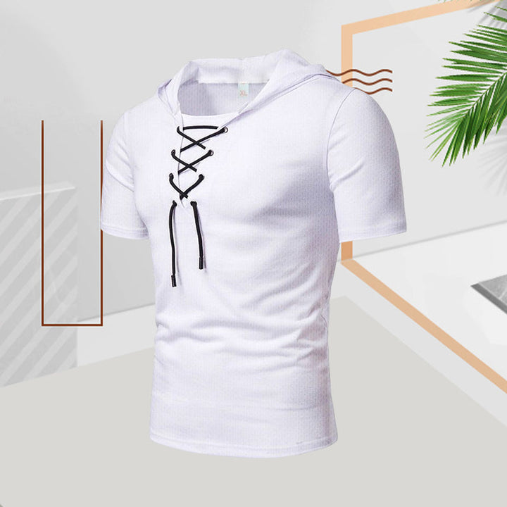 "Herr sommar t-shirt med dragsko, kortärmad, enfärgad polyester för avslappnad stil i varmt väder"