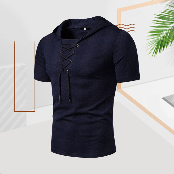 "Herr sommar t-shirt med dragsko, kortärmad, enfärgad polyester för avslappnad stil i varmt väder"