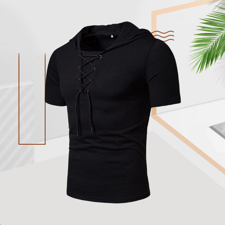 "Herr sommar t-shirt med dragsko, kortärmad, enfärgad polyester för avslappnad stil i varmt väder"
