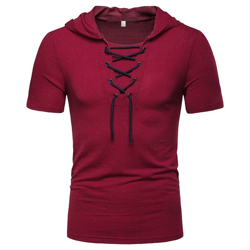 "Herr sommar t-shirt med dragsko, kortärmad, enfärgad polyester för avslappnad stil i varmt väder"