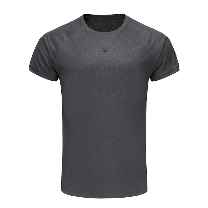 Herr stretchig snabbtorkande T-shirt med ficka, grå färg, bröstögla för glasögon, perfekt för träning och vardag.