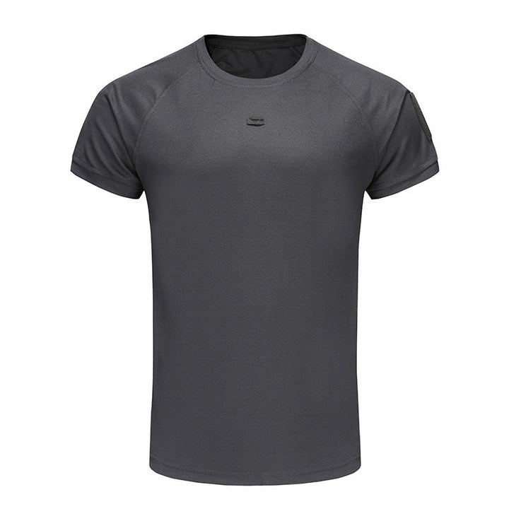 Herr stretchig snabbtorkande T-shirt med ficka, grå färg, bröstögla för glasögon, perfekt för träning och vardag.