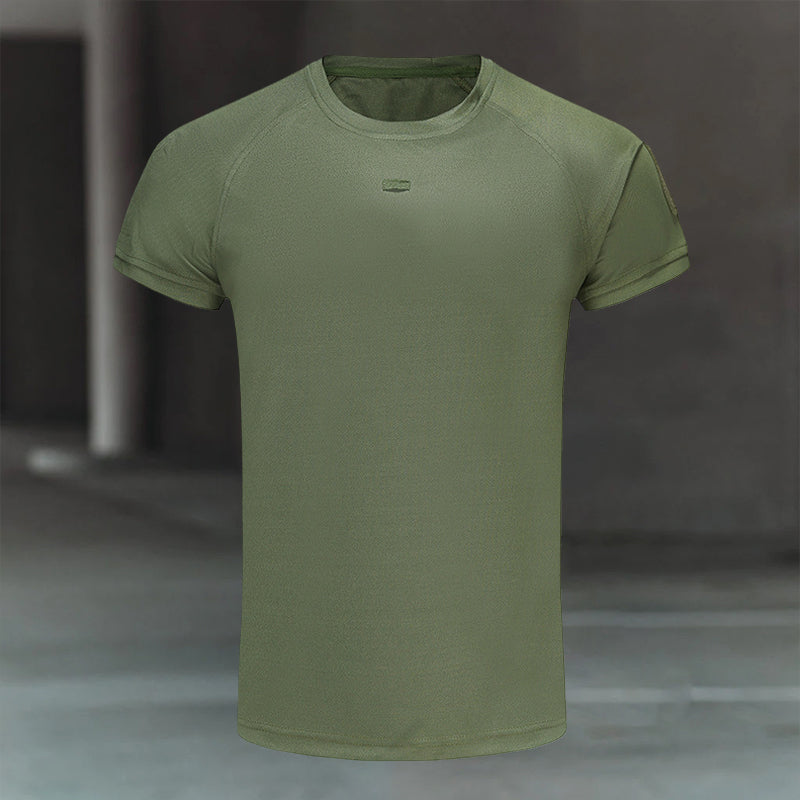 Herr stretchig snabbtorkande T-shirt med ficka, grå färg, bröstögla för glasögon, perfekt för träning och vardag.