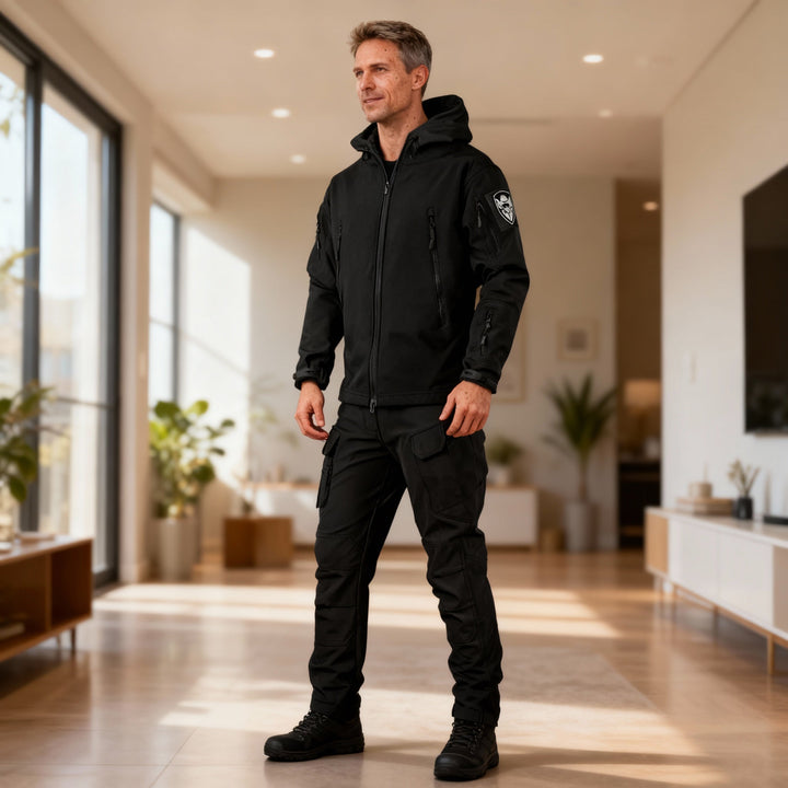 Man bär en herr termisk funktionsoutfit i snöig miljö, bevisar dess vinterklarhet och komfort.