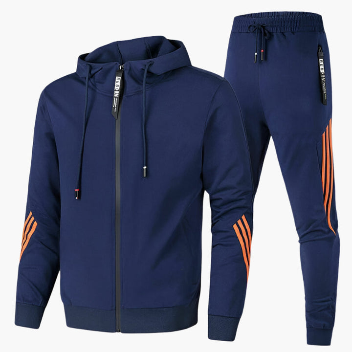 Herr tvådelat träningsset med huvtröja och byxor. Bekväm mjukisdräkt för sport och fritid.