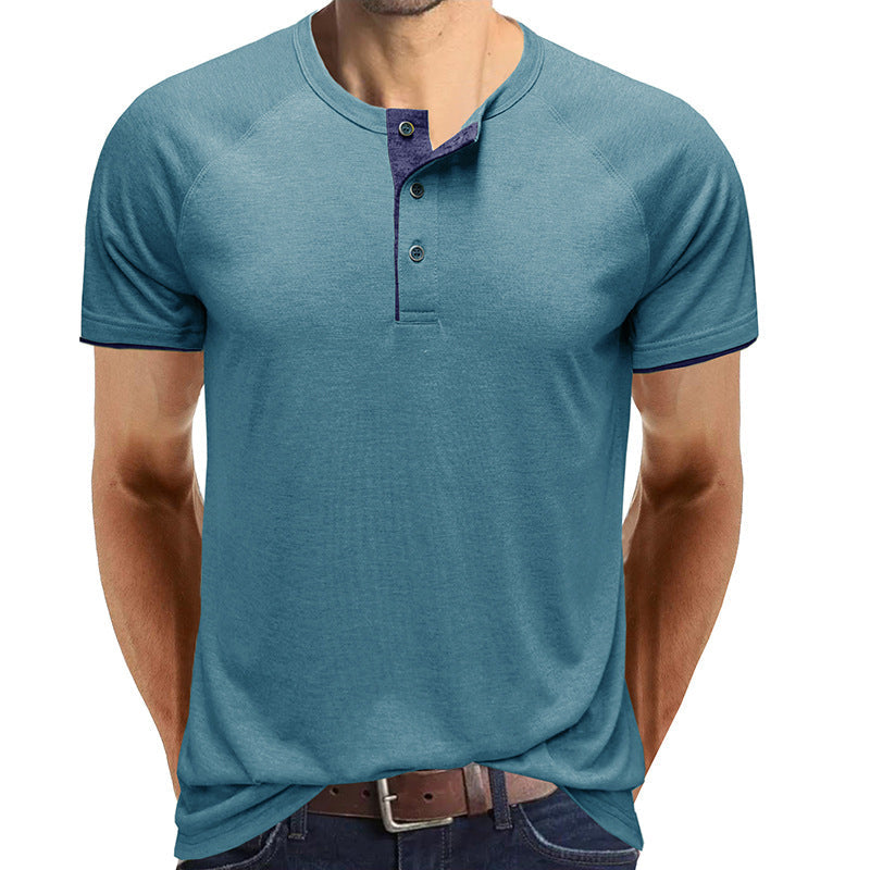 Herr V-ringad Henley T-shirt i lätt bomull, vit, modern design, perfekt för sommaren, andningsbar och bekväm.