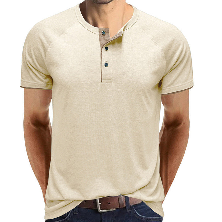 Herr V-ringad Henley T-shirt i lätt bomull, vit, modern design, perfekt för sommaren, andningsbar och bekväm.
