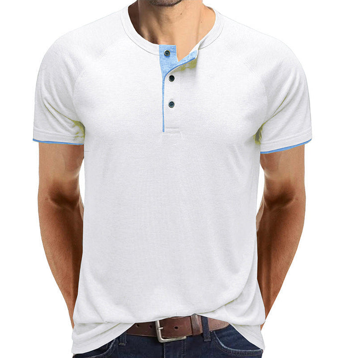 Herr V-ringad Henley T-shirt i lätt bomull, vit, modern design, perfekt för sommaren, andningsbar och bekväm.