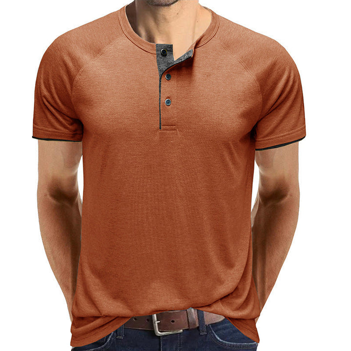 Herr V-ringad Henley T-shirt i lätt bomull, vit, modern design, perfekt för sommaren, andningsbar och bekväm.