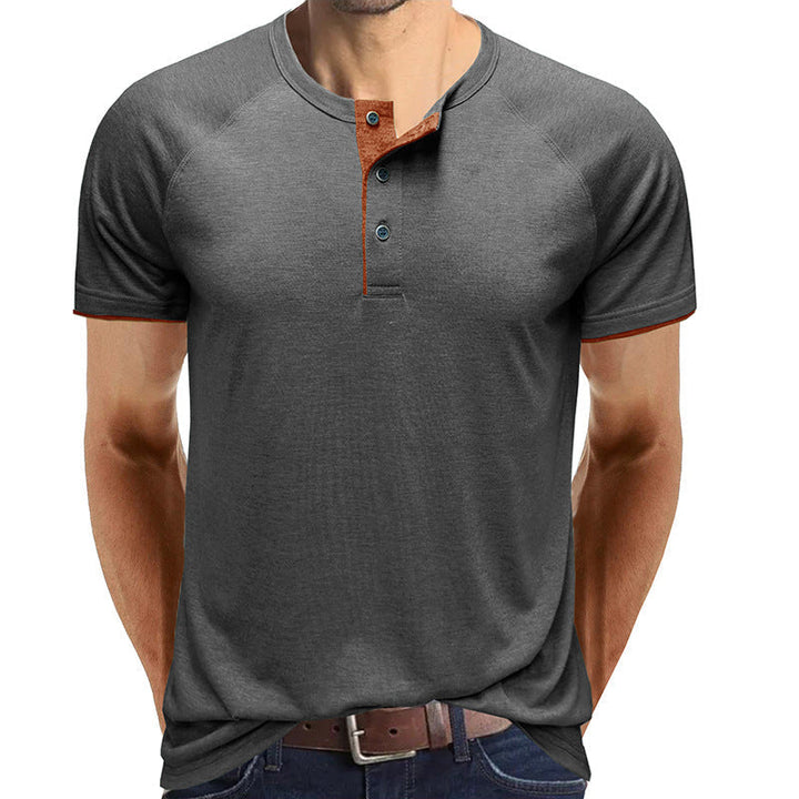 Herr V-ringad Henley T-shirt i lätt bomull, vit, modern design, perfekt för sommaren, andningsbar och bekväm.