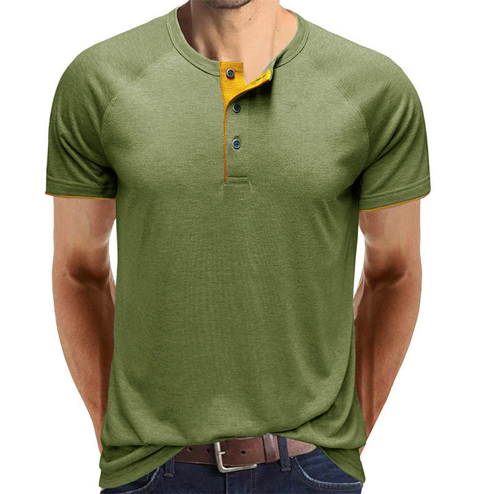 Herr V-ringad Henley T-shirt i lätt bomull, vit, modern design, perfekt för sommaren, andningsbar och bekväm.