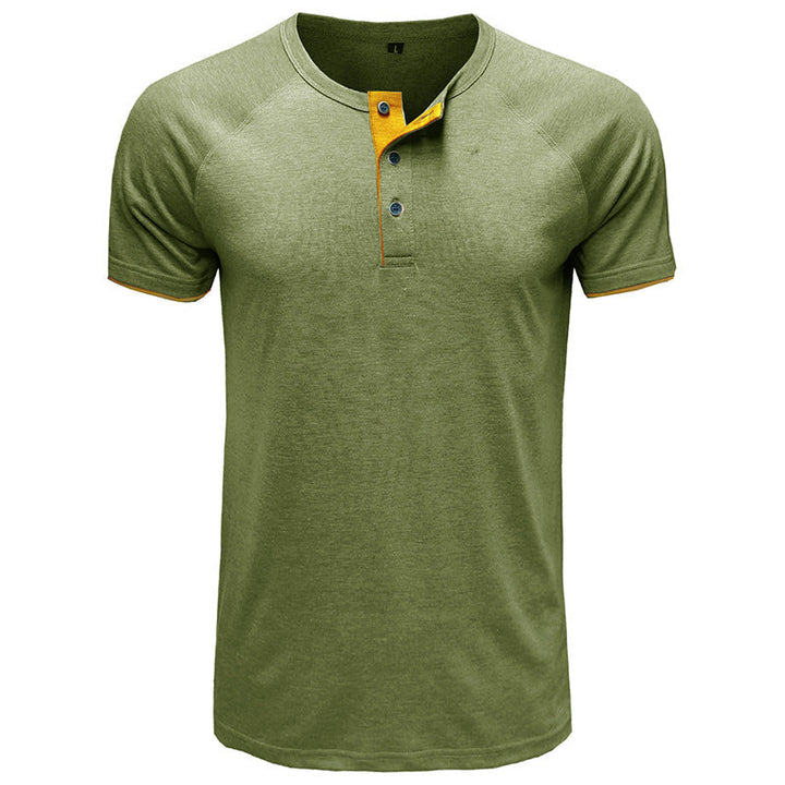 Herr V-ringad Henley T-shirt i lätt bomull, vit, modern design, perfekt för sommaren, andningsbar och bekväm.