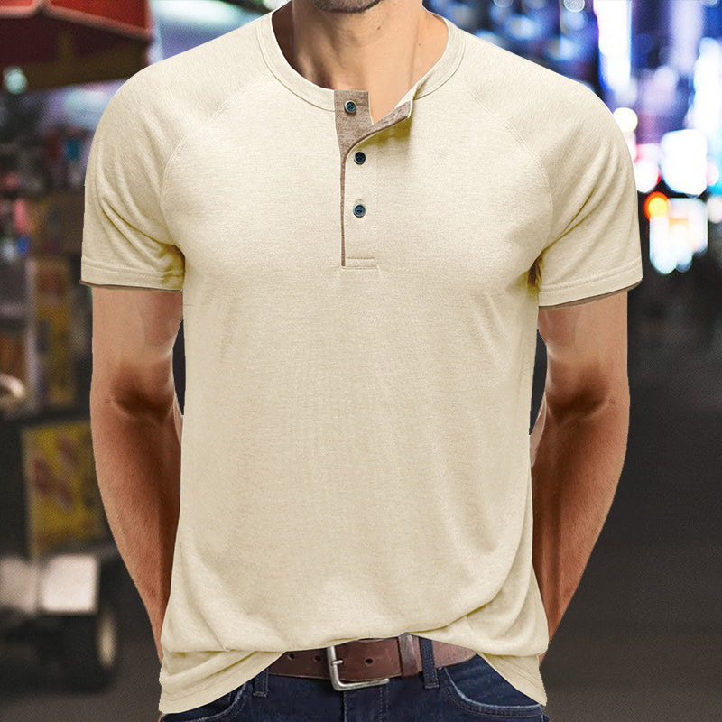 Herr V-ringad Henley T-shirt i lätt bomull, vit, modern design, perfekt för sommaren, andningsbar och bekväm.