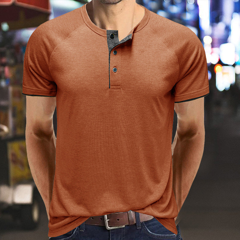 Herr V-ringad Henley T-shirt i lätt bomull, vit, modern design, perfekt för sommaren, andningsbar och bekväm.