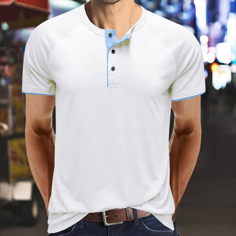 Herr V-ringad Henley T-shirt i lätt bomull, vit, modern design, perfekt för sommaren, andningsbar och bekväm.