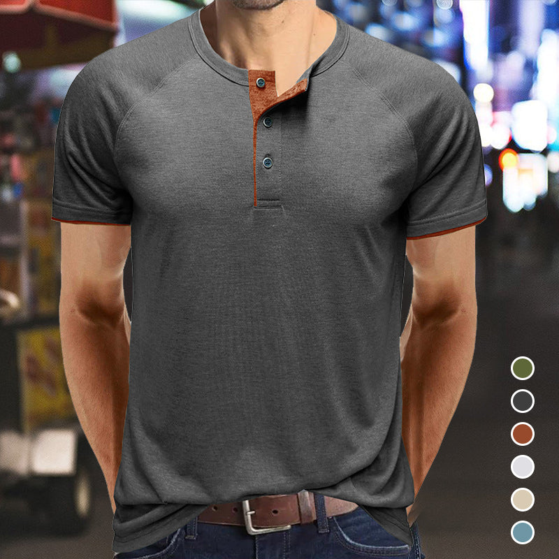 Herr V-ringad Henley T-shirt i lätt bomull, vit, modern design, perfekt för sommaren, andningsbar och bekväm.