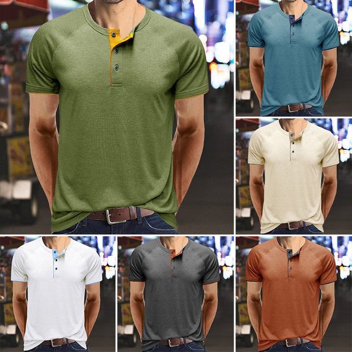 Herr V-ringad Henley T-shirt i lätt bomull, vit, modern design, perfekt för sommaren, andningsbar och bekväm.