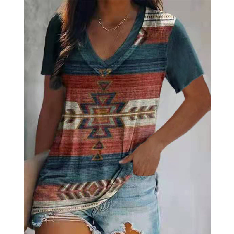 "Herr V-ringad kortärmad T-shirt med livfullt retrotryck, stilfulla färger och mjukt material, perfekt för vardagsanvändning"